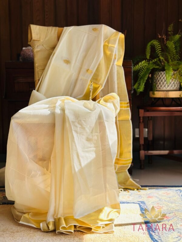 Tamara premium handloom look-alike Kerala Kasavu Set Saree with golden annam buttas all over the body