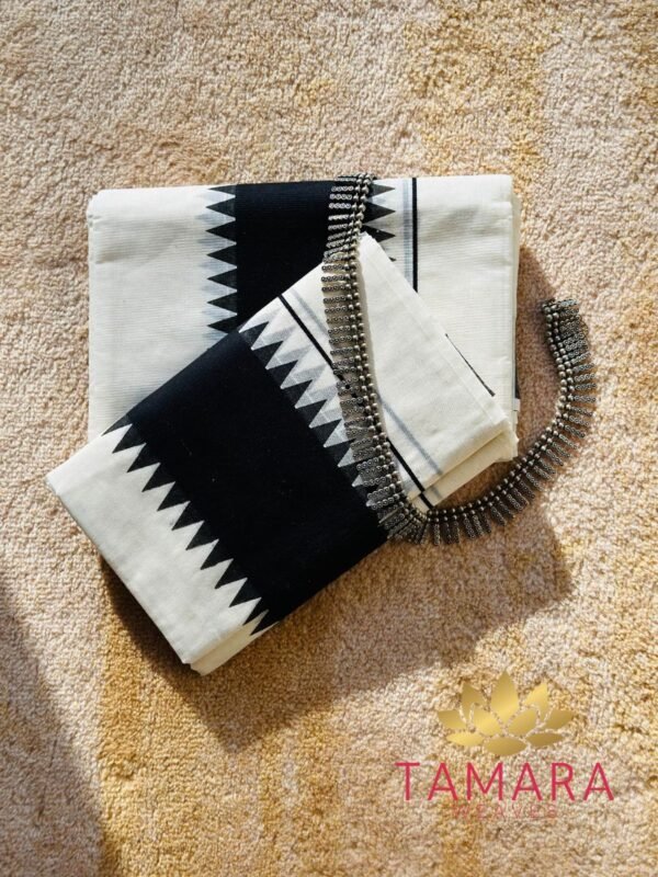 Tamara Kerala Set Mundu – Black Kara with Temple Borders - Image 3