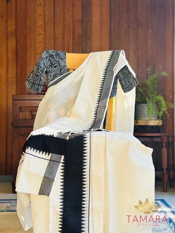 Tamara Kerala Set Mundu – Black Kara with Temple Borders - Image 5