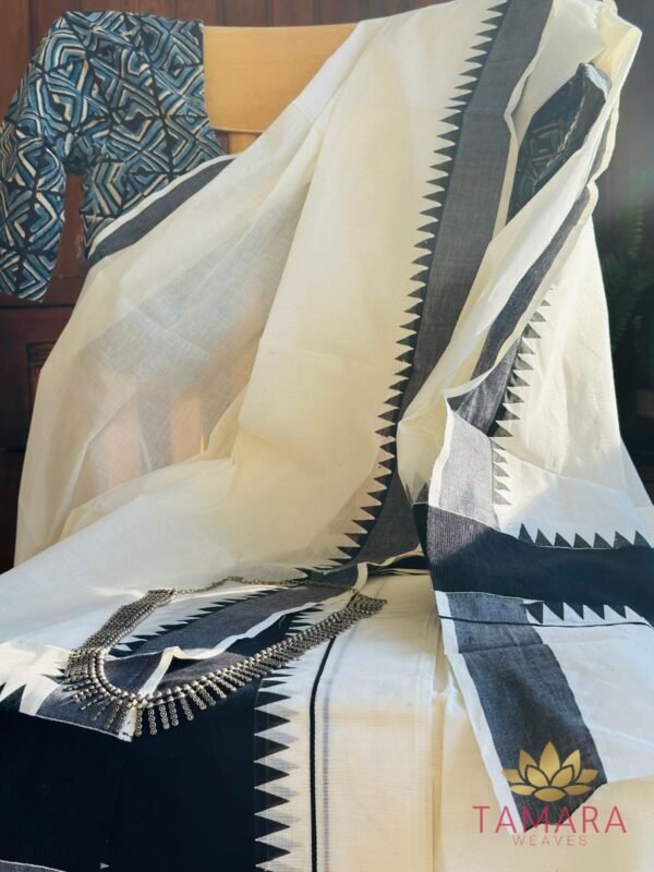 Tamara Kerala Set Mundu – Black Kara with Temple Borders - Image 6
