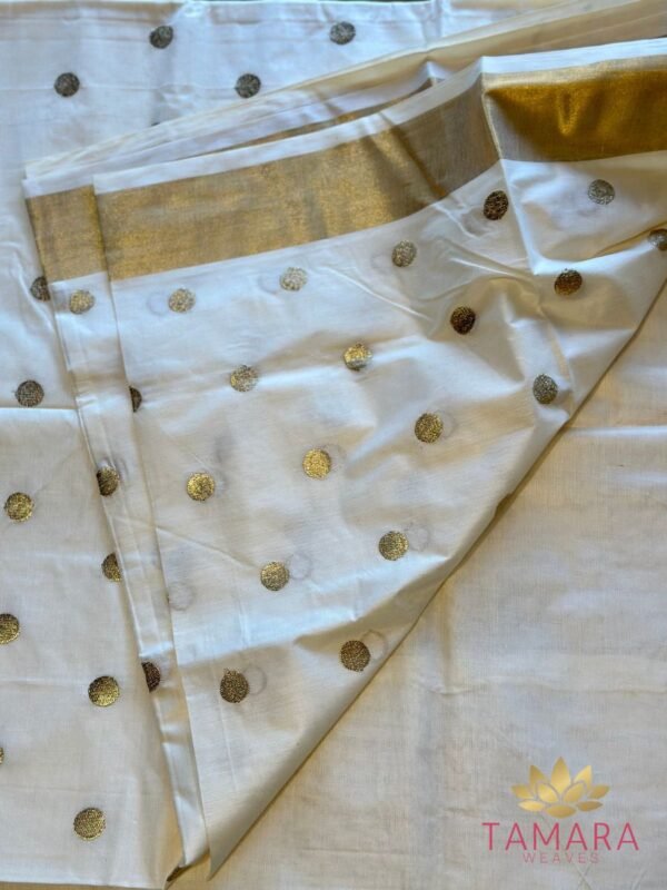 Tamara gold polka dot Kerala cotton set saree - Image 3