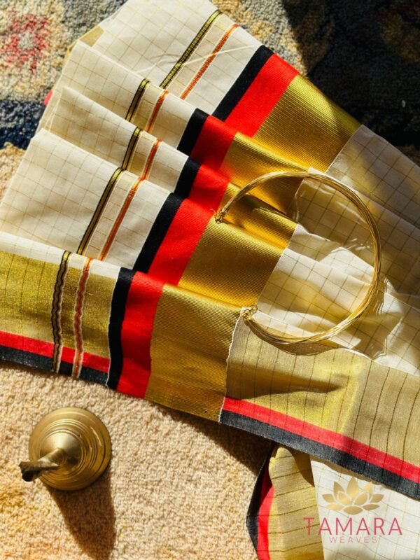 Tamara Kerala Kasavu Cotton Saree – Red & Black Kara with Gold Zari Checks