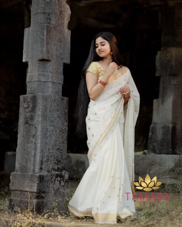Tamara gold polka dot Kerala cotton set saree - PD01
