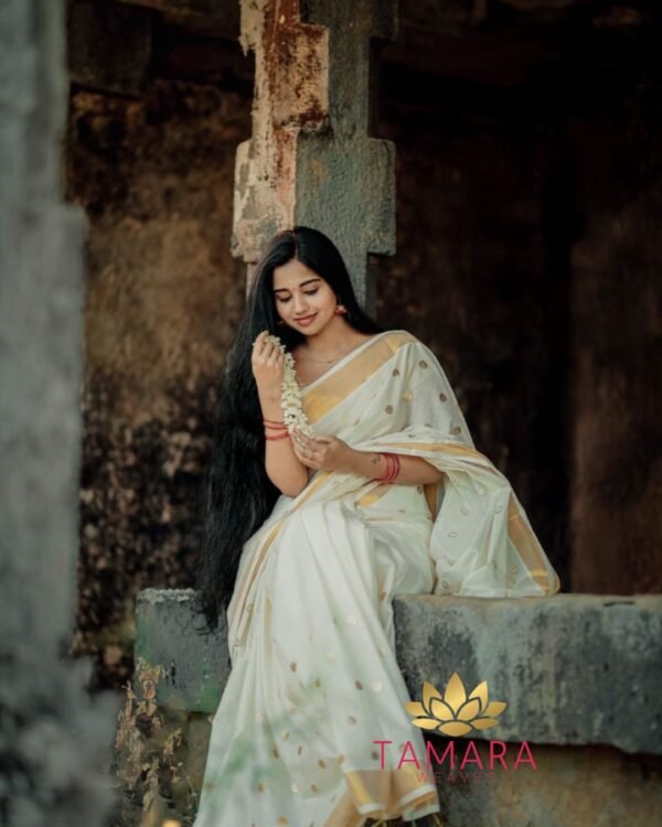 Tamara gold polka dot Kerala cotton set saree - PD01 - Image 9