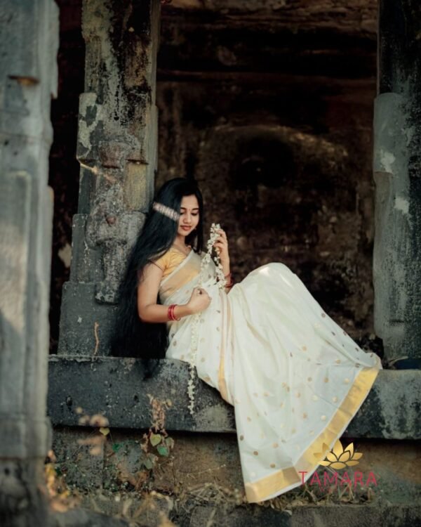 Tamara gold polka dot Kerala cotton set saree - PD01 - Image 10
