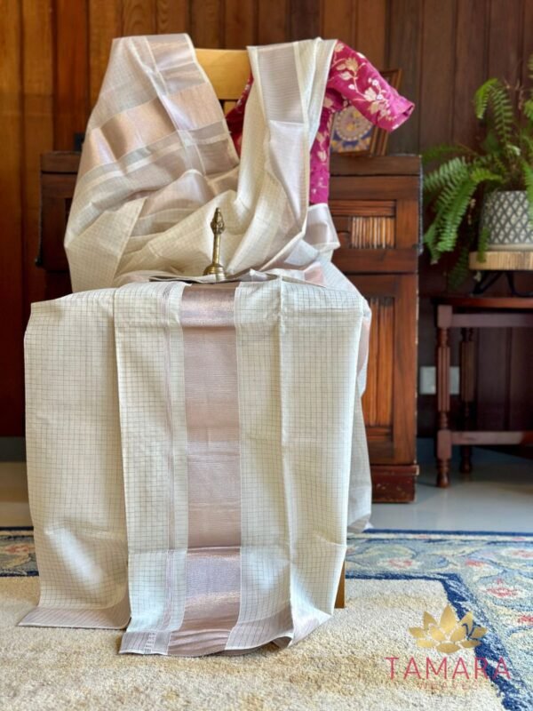 Tamara Kerala Set Mundu – Rose Gold Kasavu with Zari Checks - Image 3