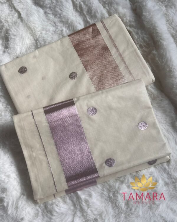 Tamara gold polka dot Kerala cotton set saree - PD01 - Image 3