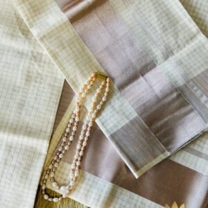 Tamara Kerala Set Mundu – Rose Gold Kasavu with Zari Checks