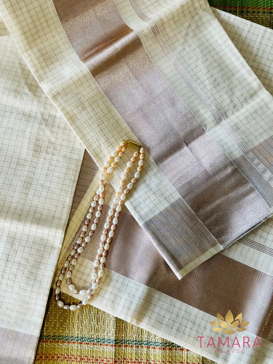 Tamara Kerala Set Mundu – Rose Gold Kasavu with Zari Checks