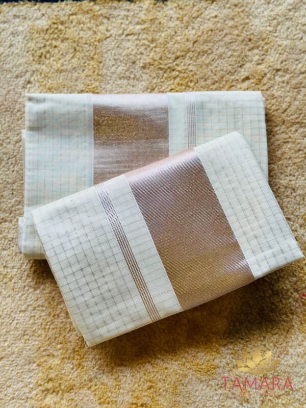 Tamara Kerala Set Mundu – Rose Gold Kasavu with Zari Checks - Image 5