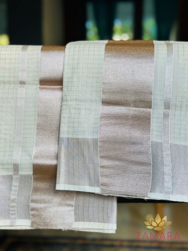 Tamara Kerala Set Mundu – Rose Gold Kasavu with Zari Checks - Image 8