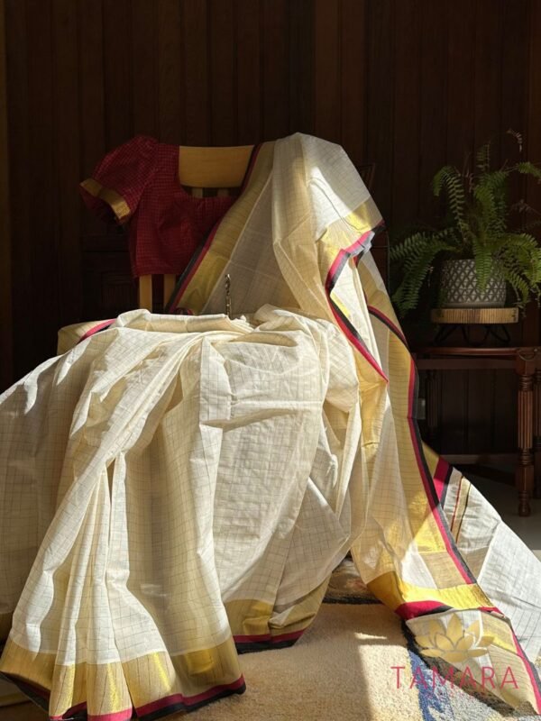 Tamara Kerala Kasavu Cotton Saree – Maroon & Black Kara with Gold Zari Stripes - Image 2