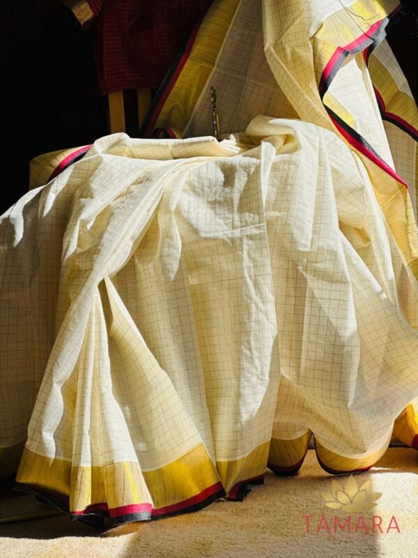 Tamara Off white premium cotton Kerala set saree with all over gold checks, Maroon and black kara and kasavu borders - Image 7