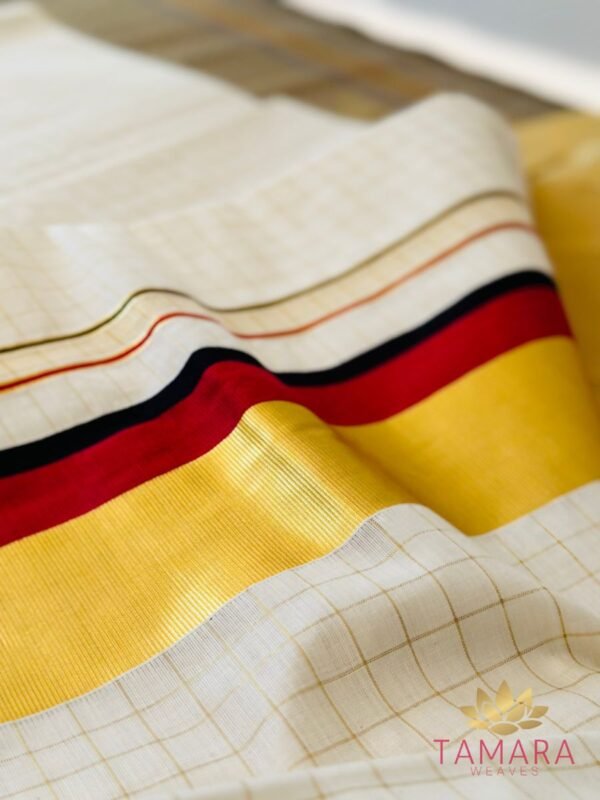 Tamara Off white premium cotton Kerala set saree with all over gold checks, Maroon and black kara and kasavu borders - Image 6