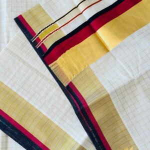 Tamara Off white premium cotton Kerala set saree with all over gold checks, Maroon and black kara and kasavu borders