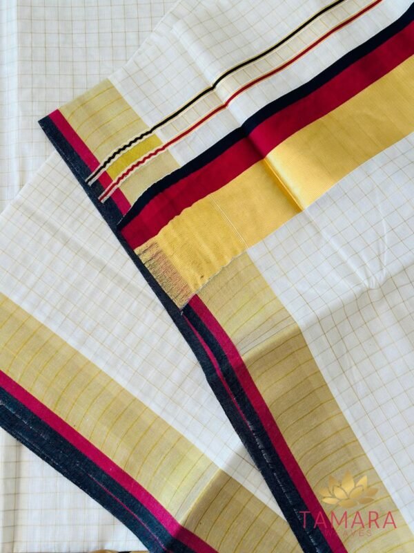 Tamara Off white premium cotton Kerala set saree with all over gold checks, Maroon and black kara and kasavu borders