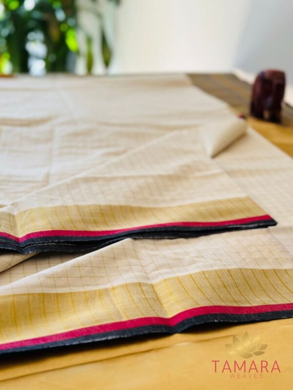 Tamara Off white premium cotton Kerala set saree with all over gold checks, Maroon and black kara and kasavu borders - Image 4