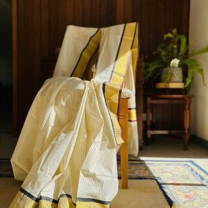 Tamara Off white premium cotton saree with all over gold stripes, Kaapi colour