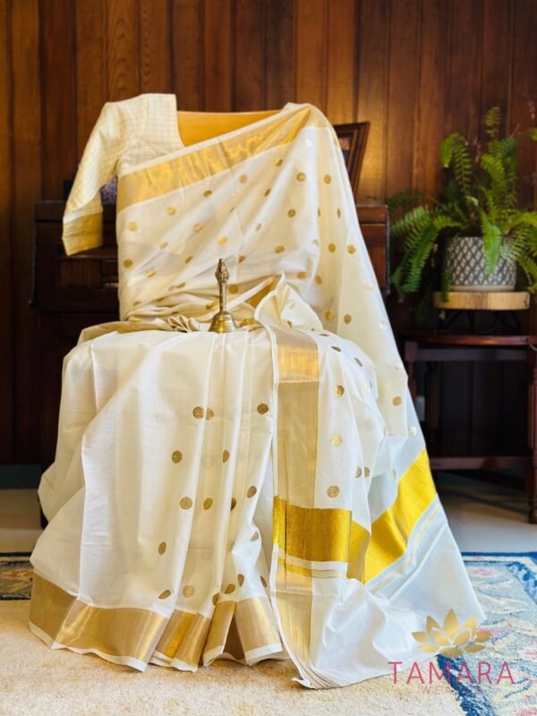 Tamara gold polka dot Kerala cotton set saree - Image 5