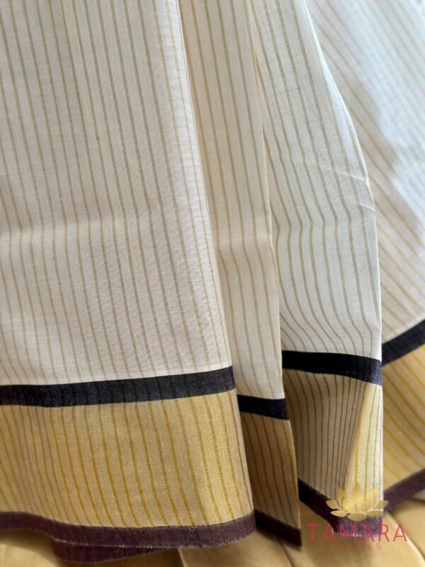 Tamara Off white premium cotton saree with all over gold stripes, Kaapi colour - Image 3