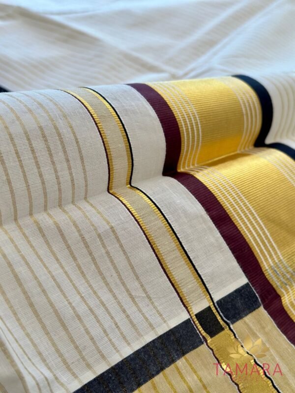 Tamara Off white premium cotton saree with all over gold stripes, Kaapi colour - Image 4