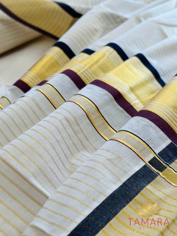 Tamara Off white premium cotton saree with all over gold stripes, Kaapi colour - Image 5