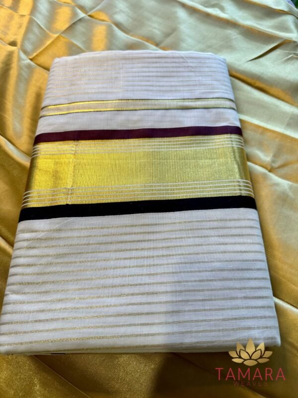 Tamara Off white premium cotton saree with all over gold stripes, Kaapi colour - Image 6