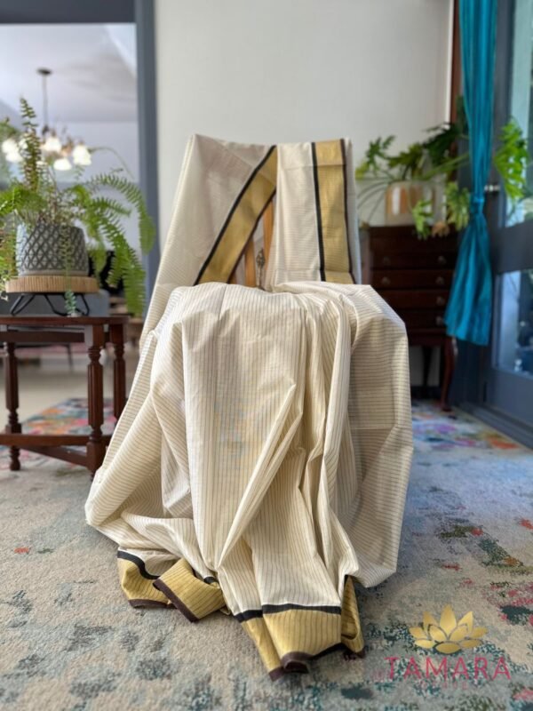 Tamara Off white premium cotton saree with all over gold stripes, Kaapi colour - Image 7