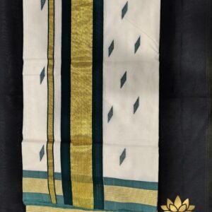 Tamara premium balaramapuram set saree - green kara and kasavu with green motifs