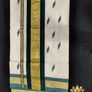 Tamara premium balaramapuram set saree - green kara and kasavu with green motifs