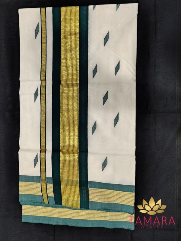 Tamara premium balaramapuram set saree - green kara and kasavu with green motifs