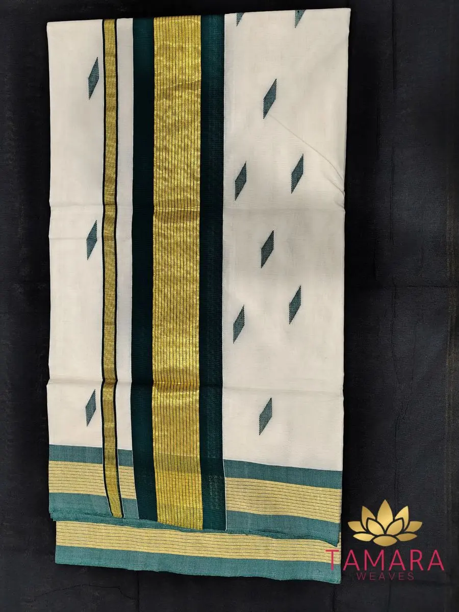 Tamara premium balaramapuram set saree - green kara and kasavu with green motifs