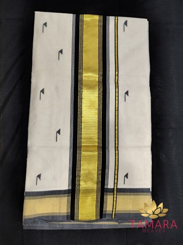 Tamara premium balaramapuram set saree - black kara and kasavu with black motifs