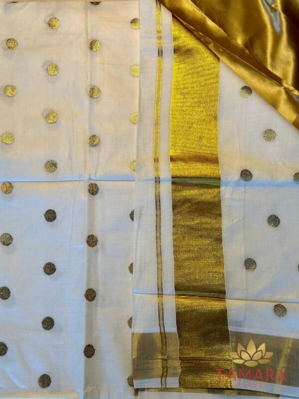 Tamara gold polka dot Kerala cotton set saree - Image 7