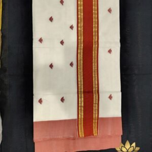 Tamara premium balaramapuram set saree - red kara and kasavu with red motifs