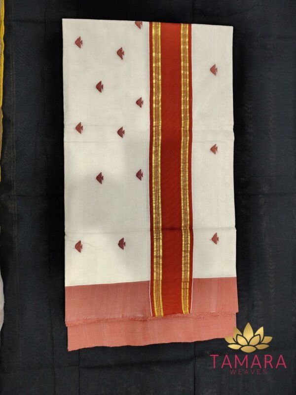 Tamara premium balaramapuram set saree - red kara and kasavu with red motifs