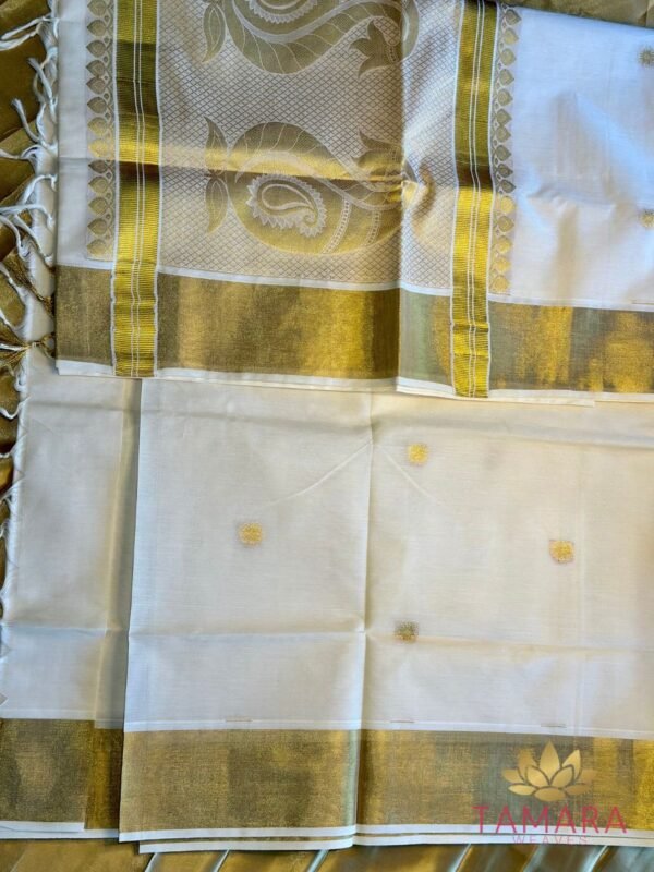 Tamara premium handloom look-alike Kerala Kasavu Set Saree with golden annam buttas all over the body - Image 7