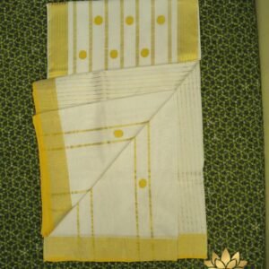 Tamara handloom Kerala Set Saree - Gold kasavu with Gold buttas and stripes on Pallu