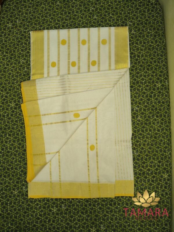 Tamara handloom Kerala Set Saree - Gold kasavu with Gold buttas and stripes on Pallu