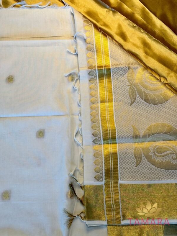 Tamara premium handloom look-alike Kerala Kasavu Set Saree with golden annam buttas all over the body - Image 6