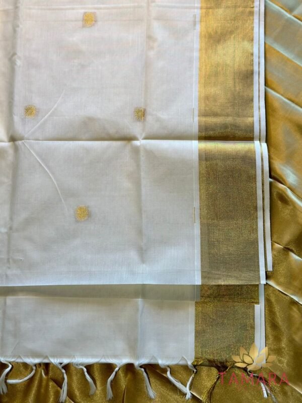 Tamara premium handloom look-alike Kerala Kasavu Set Saree with golden annam buttas all over the body - Image 5