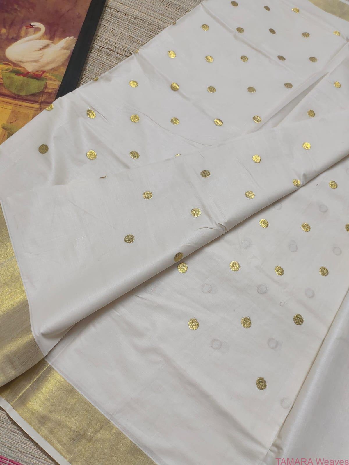 Tamara gold polka dot Kerala cotton set saree - PD01 - Image 11