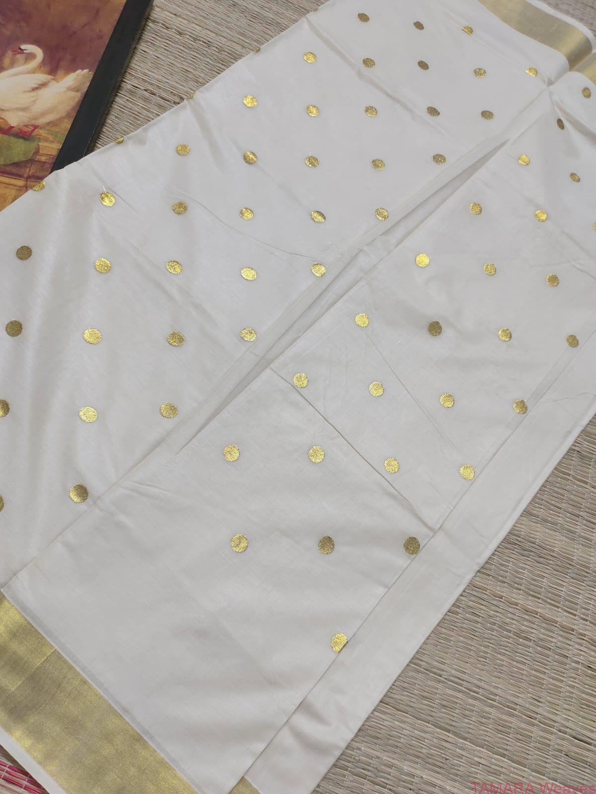 Tamara gold polka dot Kerala cotton set saree - PD01 - Image 10