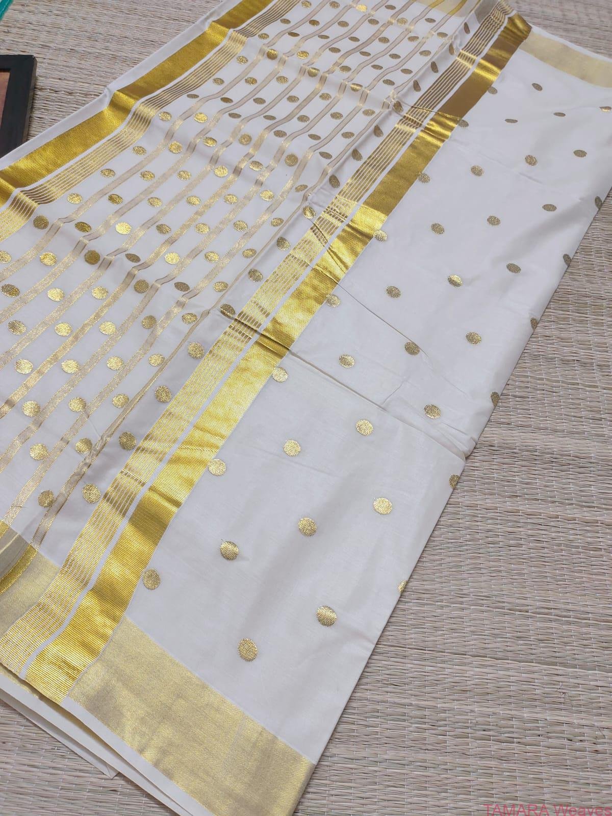 Tamara gold polka dot Kerala cotton set saree - PD01 - Image 12