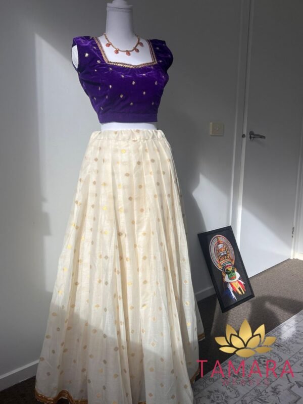 Tamara Premium Onam Skirt and Velvet Crop Top - Pottu Lehenga Set - Image 2