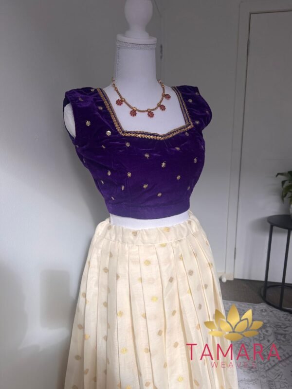 Tamara Premium Onam Skirt and Velvet Crop Top - Pottu Lehenga Set - Image 3