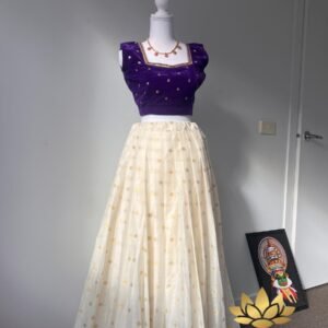 Tamara Premium Onam Skirt and Velvet Crop Top - Pottu Lehenga Set