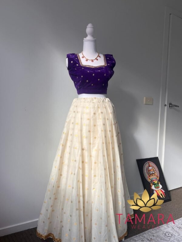 Tamara Premium Onam Skirt and Velvet Crop Top - Pottu Lehenga Set