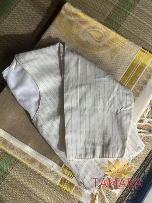 Tamara Exclusive Ready to wear Saree Blouse - Kerala Cotton with Golden Stripe - Image 4