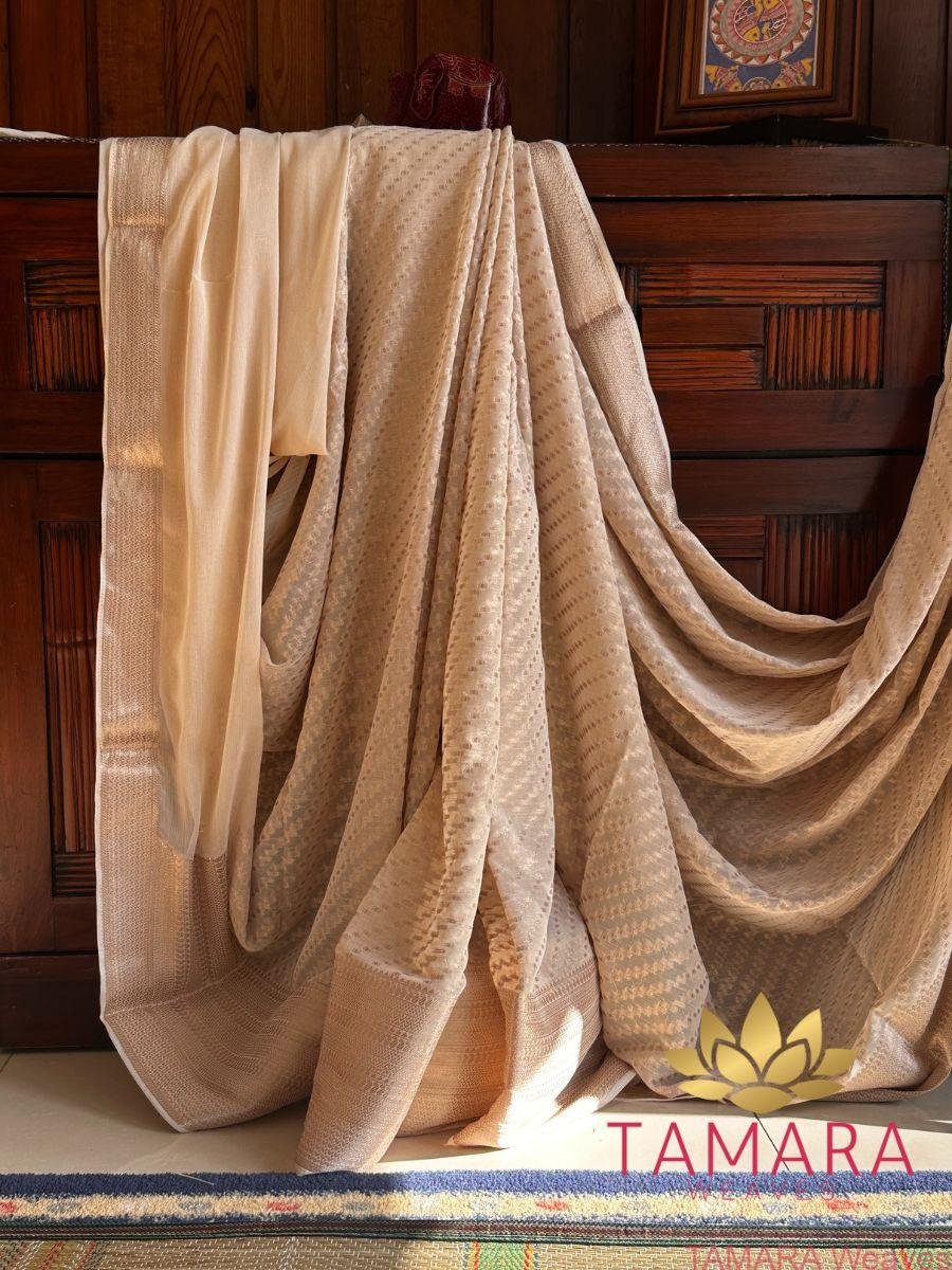 Tamara Semi Banarasi Chiffon Saree - Beige or biscuit shade - CH01 - Image 5